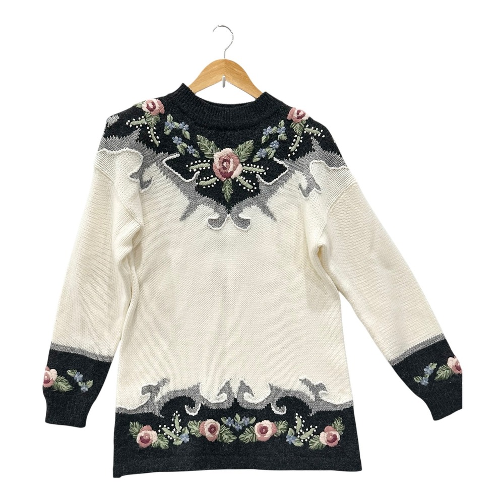 Vintage 90's Dana Scott Sweater Women's M Floral Embroidered Ruffle Tunic